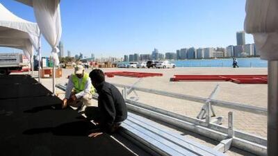 Preparations for the Volvo Ocean Race in progress along the breakwater at the Abu Dhabi Corniche.