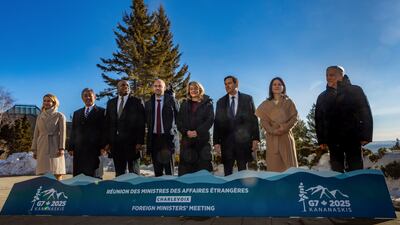 Foreign ministers from the EU, Japan, the UK, France, Canada, the US, Germany and Italy pose for a 'family photo' at the G7 meeting in La Malbaie, Quebec, Canada. AP