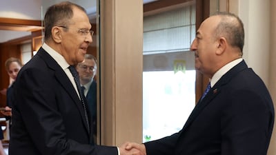 Mr Lavrov and Mr Cavusoglu at the G20 foreign ministers' meeting. AFP