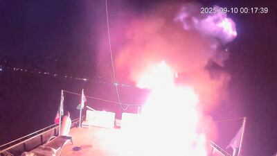 CCTV footage shows what is said to be an incendiary device sparking a fire on the Alma, a vessel of the Global Sumud Flotilla, off the coast of Tunisia. Photo: Global Sumud Flotilla