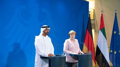 Sheikh Mohamed bin Zayed gives joined speech with Angela Merkel in Berlin, Germany. Curtesy of the Ministry of Presidential Affairs