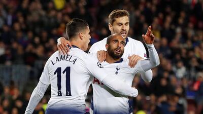 Tottenham's Lucas Moura celebrates with Fernando Llorente and Erik Lamela after scoring their equaliser. Reuters