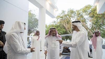 Sheikh Mohammed bin Zayed, Crown Prince of Abu Dhabi and Deputy Supreme Commander of the Armed Forces, right, attends a reception hosted by King Salman Bin Abdulaziz Al Saud, of Saudi Arabia and Custodian of the Two Holy Mosques, centre, during an official visit to Saudi Arabia. Mohamed Al Hammadi / Crown Prince Court - Abu Dhabi