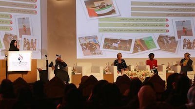 Mariam Saif Al Qubaisi (from the left) head of Special Needs Sector, Zayed Higher Organization for Humanitrian Care and Special Needs, delivers her speech during a panel discussion as Mohammed Saeed Al Neyadi, adviser, Strategic Planning and Organisation Development, Family Development Foundation (UAE), Donna de Varona, former Olympic gold medallist for the United States and a member of the IOC Women and Sport Commission and others look on.