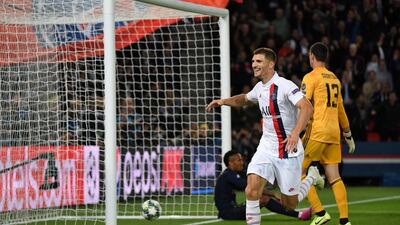 Paris Saint-Germain's Belgian defender Thomas Meunier celebrates after scoring the third goal in injury time. AFP