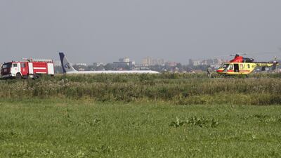 Ural Airlines A-321 passenger plane is seen on the site of its emergency landing in a field outside Zhukovsky airport in Ramensky district of Moscow region, Russia. A-321 with 226 passengers and seven crew members on board en-route from Moscow to Simferopol made emergency landing after a right engine failure following the plane's colliding with seagulls shortly after take-off. Ten people were hospitalized following the accident. EPA