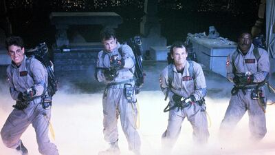 Cast of the original Ghostbusters film, from left, Harold Ramis, Dan Aykroyd, Bill Murray and Ernie Hudson. For its band, Motiongate picked performers who could sing and looked like the actors. Courtesy Columbia Pictures