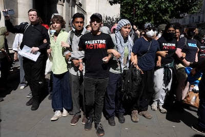 Supporters of Palestine Action protest outside London's High Court. Reuters