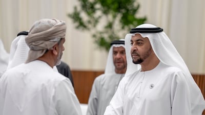 Sheikh Hamdan bin Zayed, Ruler’s Representative in Al Dhafra Region, receives mourners on the death of Sheikh Hazza, at Al Mushrif Palace. Abdulla Al Neyadi / Presidential Court