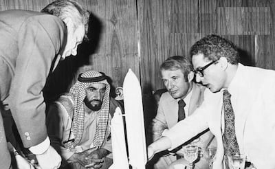 Sheikh Zayed, Founding Father of the UAE, being briefed by Dr Farouk El-Baz, right, who was a part of America's Apollo programme. Dubai Media Office