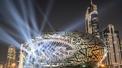 Test of the light show to celebrate the 49th UAE National Day celebrations projected on the Museum of The Future. Antonie Robertson/The National