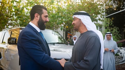 President Sheikh Mohamed receives Syrian president Ahmad Al Shara. Photo: UAE Presidential Court