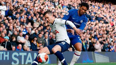 Chelsea's Reece James (R) tackles Tottenham Hotspur's Giovani Lo Celso. AFP