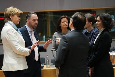 Belgium's Foreign Minister Maxime Prevot, second left, with European foreign ministers including Latvia's Baiba Braze, left, and Slovenia's Tanja Fajon, centre. AP