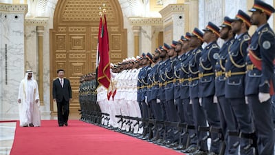 Sheikh Mohammed bin Zayed inspects the Honour Guard with the Chinese President. Crown Prince Court - Abu Dhabi
