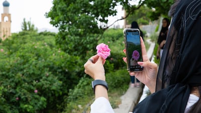 Maryam Al Saleh from Muscat takes a picture on her phone for social media at a rose garden in Al Ayn Village, Jebel Akhdar, Oman. Picture: Tara Atkinson