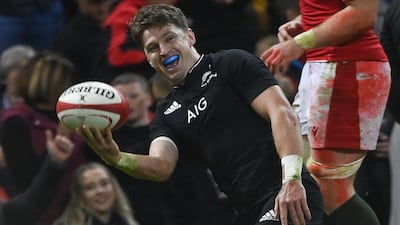 Beauden Barrett of New Zealand reacts after scoring a try during the Rugby Union Test match between Wales and New Zealand in Cardiff, Britain, 30 October 2021. EPA / Facundo Arrizabalaga