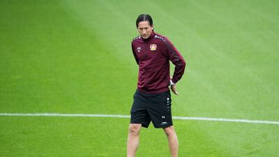 Leverkusen manager Roger Schmidt is seen during training. Lukas Schuzle / Bongarts / Getty Images
