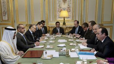 Sheikh Mohammed bin Zayed attends a meeting with French President Francois Hollande in Paris. Philippe Wojazer / AFP Photo