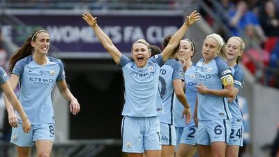 Manchester City’s Izzy Christiansen celebrates scoring her side’s second goal. Paul Childs / Reuters
