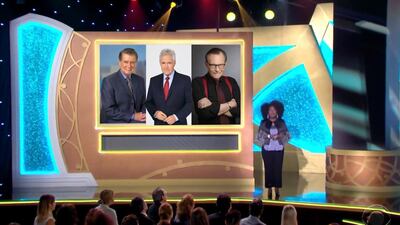 Host Sheryl Underwood introduces a tribute to the late talk show hosts, pictured on screen from left, Regis Philbin, Alex Trebek and Larry King during the 48th Daytime Emmy Awards on Friday, June 25, 2021. Natas / Daytime Emmys via AP