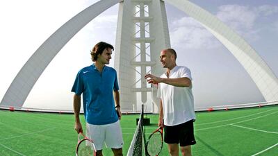 In February 2005, Andre Agassi and Roger Federer played a friendly tennis match on top of Burj Al Arab. All photos: Jorge Ferrari