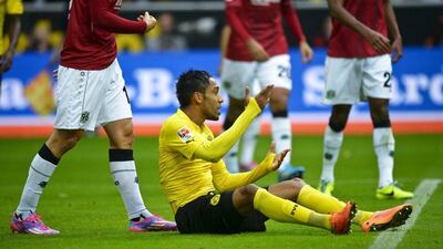 Borussia Dortmund's Pierre-Emerick Aubameyang gestures during his side's Bundesliga loss to Hannover on Saturday in Dortmund. Sascha Schuermann / AFP / October 25, 2014