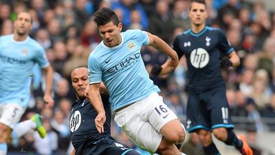 Manchester City’s Sergio Aguero, centre, scored multiple goals to lift his team past Tottenham in grand fashion on Sunday. Andrew Yates / AFP