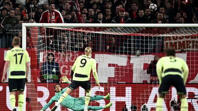 Manchester City's Erling Haaland misses a penalty against Bayern Munich goalkeeper Yann Sommer. EPA