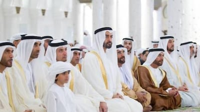 Sheikh Mohammed bin Zayed, Crown Prince of Abu Dhabi and Deputy Supreme Commander of the Armed Forces, joins members of the royal family and government ministers at the Sheikh Zayed Grand Mosque yesterday for Eid prayers.