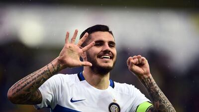 Inter Milan's Mauro Icardi celebrates a goal on Saturday against Frosinone in his team's Serie A victory. Filippo Monteforte / AFP / April 9, 2016