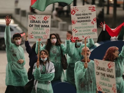 A protest at the World Medical Association (WMA) General Assembly in Porto on Wednesay. Photo: Joao Pedro Krug