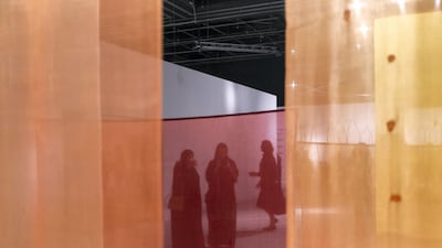 Dana Awartani’s 'Come, let me Heal Your Wounds. Let me Mend Your Broken Bones, as we Stand Here Mourning' at Al Burda Endowment exhibition, at the 11th edition of Abu Dhabi Art. Reem Mohammed / The National