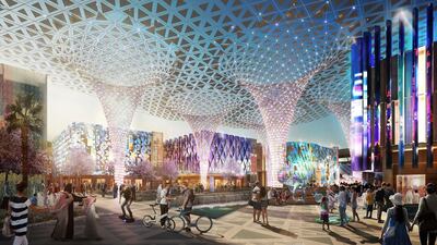 A rendering of the World Expo public space at Expo 2020. Transport developments are being put in place for the event. Dubai Expo 2020.