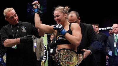 Ronda Rousey wins the Strikeforce women's bantamweight title in March 2012. AWE Media/Reuters