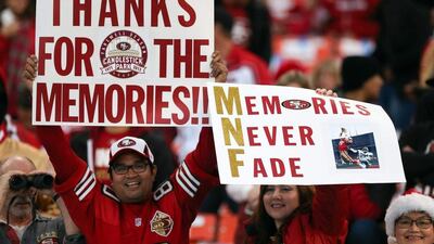 Fans commemorate San Francisco's Candlestick Park with signs on Monday night. Kelley L Cox / USA Today Sports