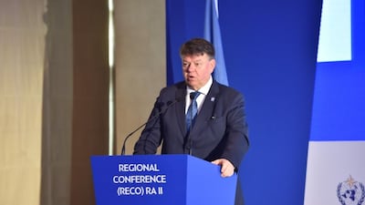 Prof Petteri Taalas, Secretary General of the World Meteorological Association, addresses delegates in Abu Dhabi. Photo: World Meteorological Organisation