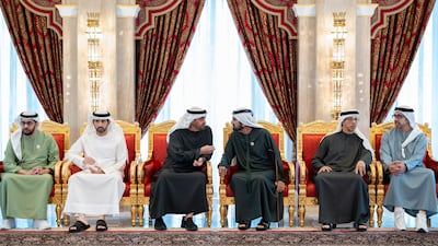 President Sheikh Mohamed, Sheikh Mohammed, Sheikh Hamdan bin Zayed, Sheikh Hamdan bin Mohammed, Crown Prince of Dubai, Deputy Prime Minister and Minister of Defence, Sheikh Mansour and Sheikh Abdullah. Abdulla Al Neyadi / UAE Presidential Court