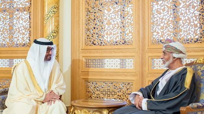 Sheikh Mohammed bin Zayed, left, noted UAE's strong brotherly ties in his message to Sultan Qaboos, right, on Oman's National Day. Ryan Carter / Crown Prince Court - Abu Dhabi