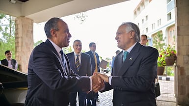 Pakistan's Foreign Minister Ishaq Dar greeting his Egyptian counterpart Badr Abdelatty at the Foreign Ministry office in Islamabad. AFP