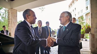 Pakistan's Foreign Minister Ishaq Dar greeting his Egyptian counterpart Badr Abdelatty at the Foreign Ministry office in Islamabad. AFP