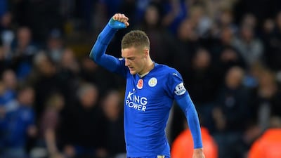 Jamie Vardy of Leicester City celebrates scoring his team's second goal against Watford on Saturday in the Premier League. Tony Marshall / Getty Images / November 7, 2015