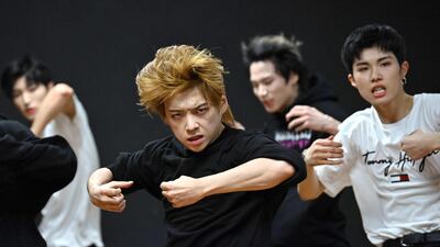 Blitzers performing during their dance practise session at a rehearsal studio in Seoul. AFP