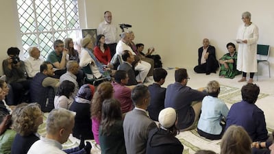 Seyran Ates, right, preaching at the inaugural Friday prayers at the Ibn-Rushd-Goethe-Mosque, the first liberal mosque in Germany where men and women can pray together, in Berlin, Germany, on Friday, June 16, 2017. Michael Sohn / AP
