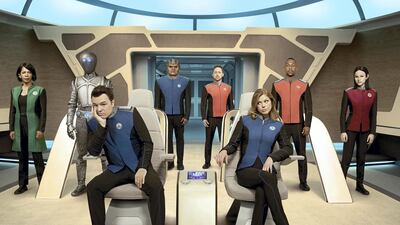 Seth MacFarlane as Captain Ed Mercer and Adrianne Palicki as Commander Kelly Grayson, right, with the crew of USS Orville in the new Fox TV series. Courtesy Fox