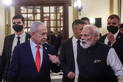 Benjamin Netanyahu, left, and Narendra Modi arrive for a press conference in Jerusalem on February 26. AFP