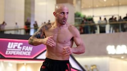 Champion Alexander Volkanovski takes part in an open workout ahead of his title fight against Movsar Evloev in the bantamweight division. UFC 321. Yas Mall, Abu Dhabi. Chris Whiteoak / The National