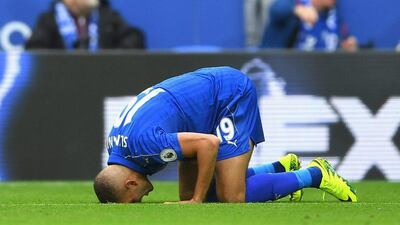 Islam Slimani of Leicester City celebrates scoring his side’s second goal. Laurence Griffiths / Getty Images