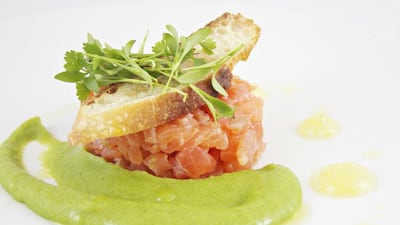 Salmon tartare with broccoli purée was simple and tasty, except for the lemon coulis. Courtesy Aubaine