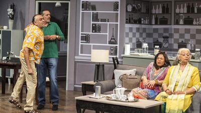 From left, Rajit Kapur as Bubbles, Shishir Sharma as Goldie and Pammi (Kajli Sharma) and Shammi (Meera Khurana), in a scene from The Siddhus of Upper Juhu. Courtesy Rage Productions